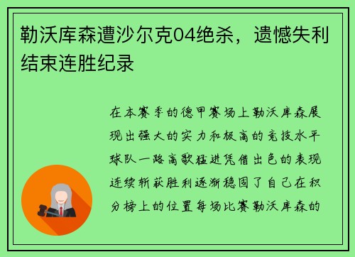 勒沃库森遭沙尔克04绝杀，遗憾失利结束连胜纪录