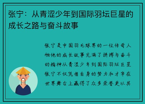 张宁：从青涩少年到国际羽坛巨星的成长之路与奋斗故事